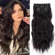 Clip-In Hair Extensions, POIUNA 4 Pieces 20inch Long Hair Extensions Clips, Synthetic Wavy Hair Extensions, Brown Blonde Wavy Hair Extensions, Clip-In Hairpiece (Dark brown)
