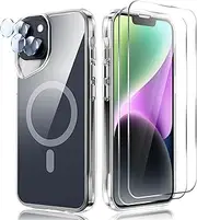 LeYi for iPhone-14 Case: Shockproof [Competible with Magsafe] with 2 X Tmepered Glass Screen Protection & Camera Lens Protector, Slim Anti-Yellow para iPhone 14 Phone Case Crystal Clear
