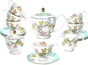 LE POTOCIO Bone China Tea Set for Adults, 21-Pieces Porcelain Tea Set, Blue and White Bone China Tea Cup Set, Tea Cups and Saucers for 6, Vintage Tea Set for Women Tea Party