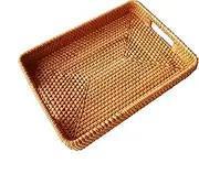 Rattan Handwoven Rectangular High Wall Severing Tray Food Storage Platters Plate with Handles for Breakfast, Drinks, Snack for Coffee Table (S-34cm)