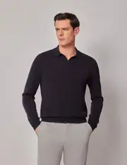 Hawes & Curtis Midnight Blue Open Collar Knitted Cotton Polo Shirt | Long Sleeve Size: Medium