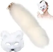 Fox Mask and Tail Realistic Furry Costume Decorative Therian Stuff Personalized White Therian Mask and Tail for Cosplay Halloween Masquerade Therian Mask