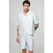 Mens Sage Oversized Boxy Short Sleeve Check Satin Shirt & Short Set