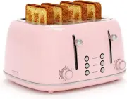 Toaster 4 Slice, Retro Stainless with 6 Bread Shade Pink