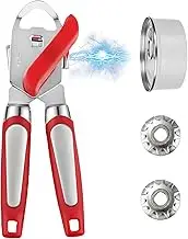 AHRLIC Manual Can Opener, Heavy Duty Stainless Steel Tin Openers with Magnet and 2 Extra Blades, Multifunctional Handheld Tin/Bottle/Jar Opener, Easy Turn Knob Bottle Opener with Non-Slip Grip, Red