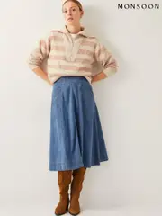 Monsoon Blue Harper Seamed Denim 100% Cotton Midi Skirt (F36644) | $136