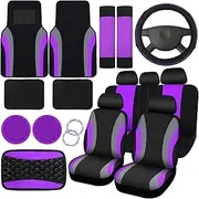 Fabbay 21 Pcs Car Seat Covers Full Set Car Floor Mats Steering Wheel Cover Armrest Seat Belt Pad Seatbelt Cup Mats Emblem Ring Sticker for Sedans Trucks SUV(Black, Purple)