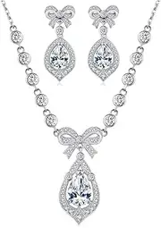 [GW] Wedding Jewelry Sets for Brides, Bow Necklace and Bridal Earrings with Teardrop Crystal, 925 Silver Ear Posts, Rhodium-Plated Brass, Adjustable 40+5cm Chain, Brass, Zircon