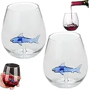 .Stemless Wine Glasses Shark Wine Glass 500ml Wine Tumbler 2Pcs High Borosilicate Glass Mug Unique Wine Glasses for Wedding Birthday Shark Gifts-