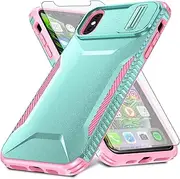 Asuwish Phone Case for iPhone Xs Max with Screen Protector and Slide Camera Cover Rugged Hybrid Shockproof Protective Cell Accessories i X XR Xsmax 10x SX Xmax 10xs 10s 10 Plus Xmaxs Men Mint Green