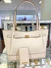 Michael Kors Reed Large Leather Belted Tote Bag + Card Case Wallet (Light Cream)