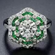 3.45Ct Art Deco Lab Created Diamond & Emerald Engagement 14K White Gold FN Ring