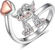 [SCZKLAQ] Highland Cow Ring 925 Sterling Silver Adjustable Cute Cow Rings Scottish Western Highland Cow Jewelry for Women Cow Gifts for Girls