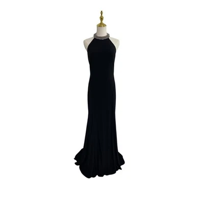 IEENA For Mac Duggal Black Dress Halter Rhinestone Jersey Gown Size 6