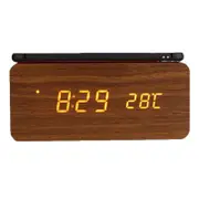 Modern Qi Wireless Charger Wooden Wood Digital LED Alarm Clock Thermometer