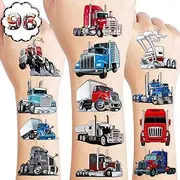 8 Sheets (96PCS) Semi Truck Temporary Tattoos Theme Birthday Party Decorations Supplies Favors Decor Stickers For Kids Boys Girls Gifts Classroom School Prizes Rewards