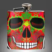 Flask Sugar Skull Stainless Steel Flask Funnel Set 6 Oz Dia de los Muertos RED