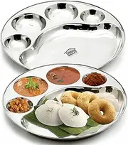 URBAN KRAFT 5in1 Stainless Steel Plates with Compartments/Bhojan Thali/Round Partition Plate Set of 2 / Steel Plates for Lunch/Dinner - Extra Deep Mess Tray (Pack of 2, Diameter 32cm)