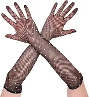 [Ｗoowayo] Women's Full Finger Fishnet Mesh 1920s Rhinestone Elbow Length Opera Costume Halloween Party Gloves (One Size, Black)