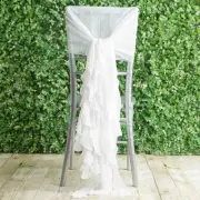 White Premium CHAIR COVER with Curly Chiffon Ruffled SASHES Decorations