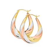9ct Gold Tri Tone 12mm Long Oval Twist Creole Earrings