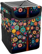 Car Trash Can with Lid and Storage Pockets Leak-Proof Organizer,Waterproof Garbage Can,Abstract Colorful Printing Tree