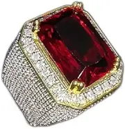 [SUKKCCNO] 18k Gold-Plated Inlaid Bright Full Zircon Red Corundum Ring Men's Hip-hop Jewelry Ring