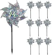 ASTIMESA 10 Pack Bird Scare Reflective Pinwheels for Yard and Garden with Stakes, Sparkly Windmill, Silver Wind Spinners Outdoor Sculptures for Garden Yard (Square)