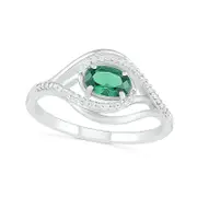 Sideways Oval Lab-Created Emerald and 0.07 CT. T.W. Diamond Layered Multi-Row Split Shank Ring in Sterling Silver