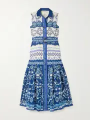 [Saloni] Saloni - Nya Belted Floral-print Linen Midi Shirt Dress - Blue - UK 6 UK 6 Blue