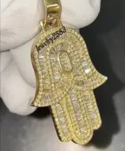 2Ct Baguette Real Moissanite Men's Hamsa Hand Charm Pendant 925 Silver FREE GIFT