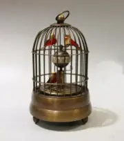 ancient Decorated Old Copper Carved Bird In Cage tick Mechanical Table Clock