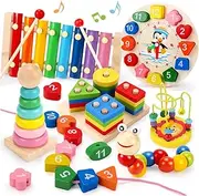 6 Pcs Baby Wooden Toys, Montessori Toys for 1 2 3 Year Old Girls Boys, Baby Toy Learning Musical Sets Educational Toys for Shape Sorting Stacking & Nesting Block & Xylophone