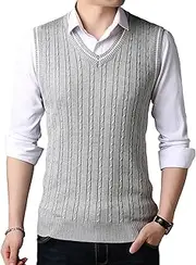 [Gsywaipei] Men's Slim Fit Sweater Vest Casual V Neck Sleeveless Pullover Vests Lightweight Knitted Pullover Men Waistcoat, Grey, Medium
