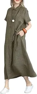 [ZPLxi] Womens Cotton Linen Dress Short Sleeve Shirt Dress Loose Plus Size Casual Half Button Lapel V Neck Solid Color Maxi Polo Dress with Pockets
