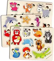 QUOKKA Toddler Toys Puzzles 2 3 4 Year Old – Set of 3 Wooden Montessori Baby Toys – Educational Kids Toys Ages 2-4 with Animals - Fine Motor Skills Toys Gifts for Boys and Girls
