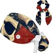[YTYVAGT] Scrub Caps Women with Buttons,Surgical Caps with Button Adjustable Unisex,Patriot Day Art Skull Pattern