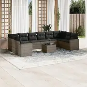 Garden Sofa Set Poly Rattan with Cushions, Patio Furniture, Outdoor Bench, Porch Table, Waterproof Storage, Pool Deck - 11 Piece, Grey