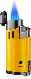 Cigar Lighters Torch with Punch 4 Jet Butane Refillbale Lighter Metal Torches Windproof (Yellow)