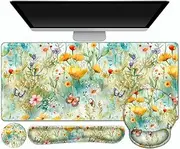 Gaming Mouse Pad, Large Desk Mat, Cute Desk Pad Protector, 4in1 XXL Mousepad + Keyboard Wrist Rest+Mouse Wrist Rest+Coaster Set with Ergonomic Desk Pad for Home Office PC Computer, Yellow Flowers