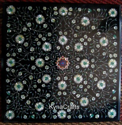 24 Inches Square Marble Patio Table Top Shiny Stone Inlay Work Coffee Table Top