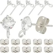 Beebeecraft 1 Box 12Pcs Stud Earring Findings Platinum Plated Cubic Zirconia Crystal Studs Earring Posts with Ear Nuts for Jewellery Earring Making