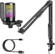FIFINE USB Gaming Microphone Kit for PC PS5, Computer Condenser Microphone with RGB, Quick Mute, Gain Control, Boom Arm Stand, Shock Mount, Pop Filter for Streaming Discord Podcasts YouTube -A6T