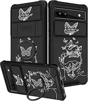 [Funermei] (2in1 for Google Pixel 6A Case for Women Cute Butterfly Girls Cover Girly Pretty Aesthetic Fashion White Butterfly Design with Camera Cover + Ring Stand Funda for Google Pixel 6A Phone Case