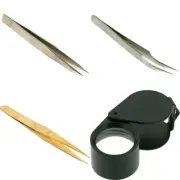 Swiss Jewelry Precision Forceps with Antimagnetic Brass Tool & 10x Triplet Loupe
