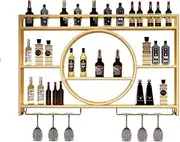 Bar Unit Floating Shelves, Wall-Mounted Wine Racks With LED Light Inverted Wine Glass Rack Multifunctional Iron Bottle Holder Simple Hanging Goblet Rack For Home Bar Dining Room Decor(Gold,120*15*80cm
