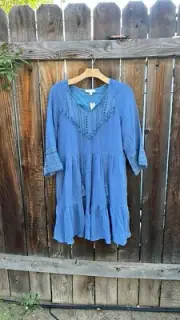 Anthropologie Eri + Ali Angelica Blue V Neck Eyelet Prairie Fit & Flare dress.