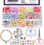 Swpeet 681Pcs 12 Colors 8mm Glass Jade Beads Bracelet Making Kit - Includes Pendants, Charms, Spacer Beads, Elastic Strings, Scissors for DIY Necklace - Beginners Girls' Birthday Gift