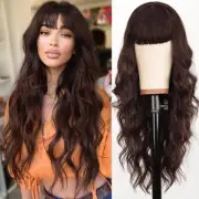 Brown Wig with Bangs Long Wavy Synthetic Wig for Women with Daily Party Use