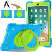 Andnary Case for iPad 6th/5th Generation 9.7 inch 2018/2017 Case, iPad Air 2/Pro 9.7 inch Heavy Duty Protective Cover with Pencil Holder, Shoulder Strap, 360 Rotate Handle Stand, Blue+Green